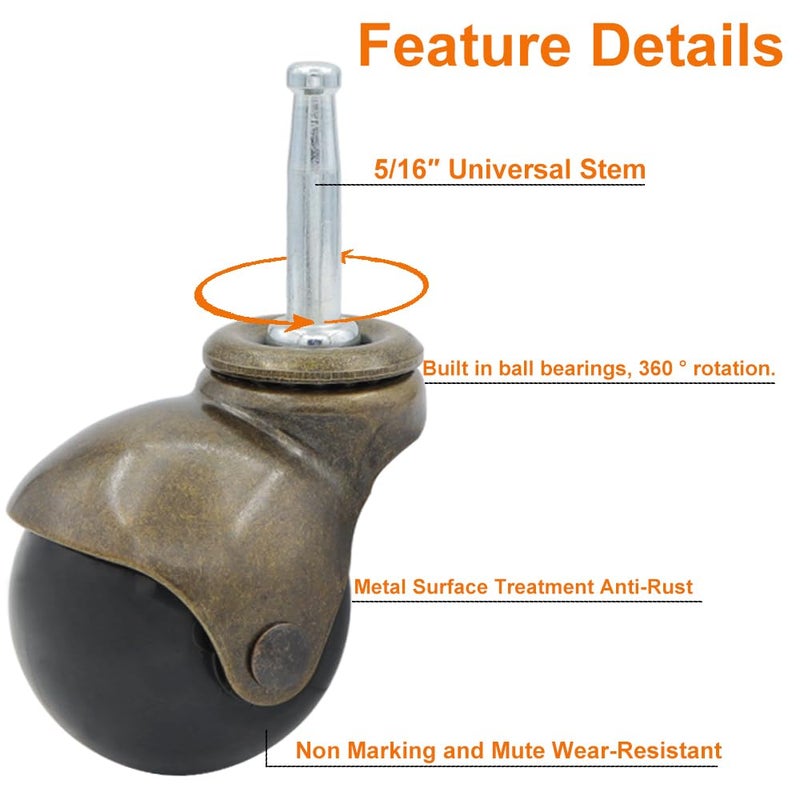 QAVBFA Vintage Antique 1.5" Ball Caster Wheels Swivel Caster-Set of 4 Heavy Duty, 5/16" x 1 1/2" (8 x 38mm) Stem Ball Caster Wheels with Sleeve for Furniture, Chairs, Sofa, Cabinets - Image 3